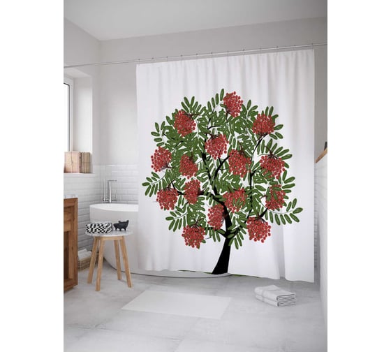 Штора (занавеска) для ванной JoyArty "Дерево рябина" из сатена, 180х200 см с крючками, sc_38415 1