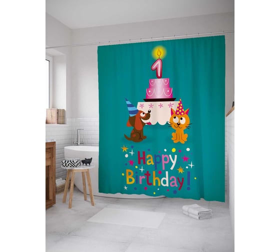 Штора (занавеска) для ванной JoyArty "Торт для годовалого именинника" из сатена, 180х200 см с крючками, sc_35020 1