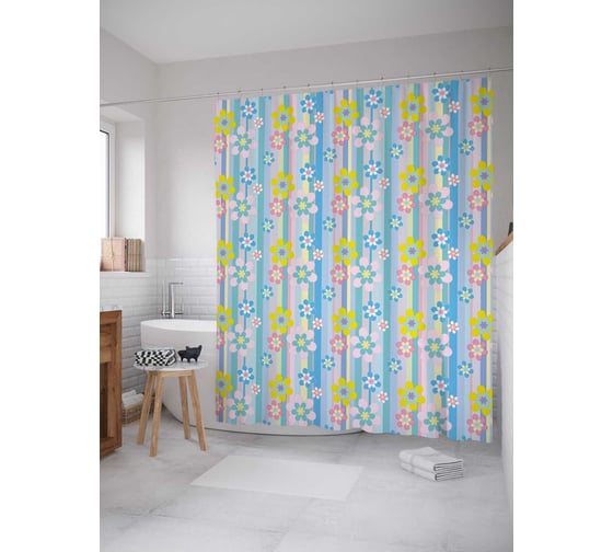 Штора (занавеска) для ванной JoyArty "Цветочные полосы" из сатена, 180х200 см с крючками, sc_38066 1