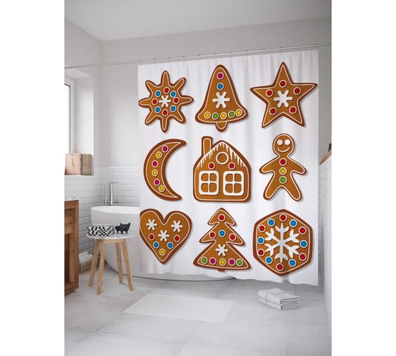 Штора (занавеска) для ванной JoyArty "Рождественская выпечка" из сатена, 180х200 см с крючками, sc_38345 1