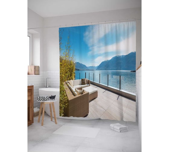 Штора (занавеска) для ванной JoyArty "Отдых на террасе" из сатена, 180х200 см с крючками, sc_34982 1