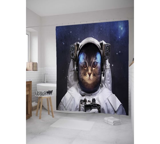 Штора (занавеска) для ванной JoyArty "Питомец в космосе" из сатена, 180х200 см с крючками, sc_33500 1