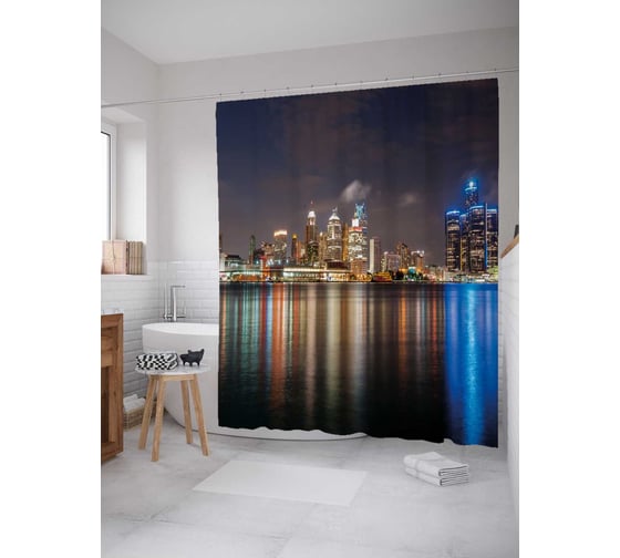 Штора (занавеска) для ванной JoyArty "Цветное отражение ночного города" из сатена, 180х200 см с крючками, sc_38115
