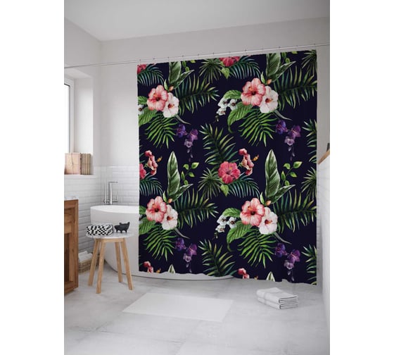 Штора (занавеска) для ванной JoyArty "Цветочные джунгли" из сатена, 180х200 см с крючками, sc_36023 1