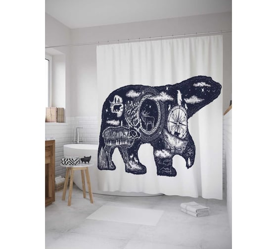 Штора (занавеска) для ванной JoyArty "Дикий медведь" из сатена, 180х200 см с крючками, sc_35756