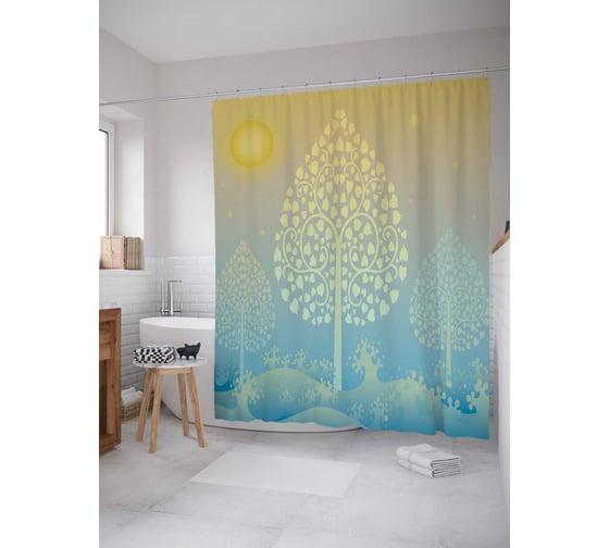 Штора (занавеска) для ванной JoyArty "Дерево наив" из сатена, 180х200 см с крючками, sc_38427 1