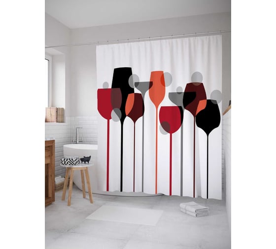 Штора (занавеска) для ванной JoyArty "Винные бокалы" из сатена, 180х200 см с крючками, sc_38290 1