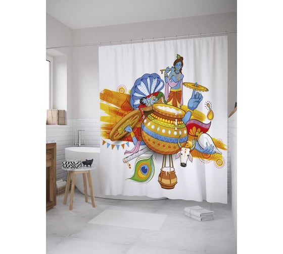 Штора (занавеска) для ванной JoyArty "Кришна-джанмаштами" из сатена, 180х200 см с крючками, sc_33905 1