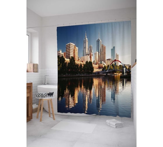 Штора (занавеска) для ванной JoyArty "Мегаполис на воде" из сатена, 180х200 см с крючками, sc_38510 1