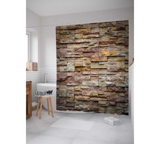 Штора (занавеска) для ванной JoyArty "Декоративная кладка" из сатена, 180х200 см с крючками, sc_37013 1