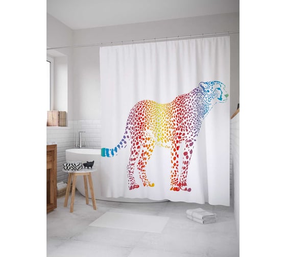 Штора (занавеска) для ванной JoyArty "Радужный барс" из сатена, 180х200 см с крючками, sc_38461 1