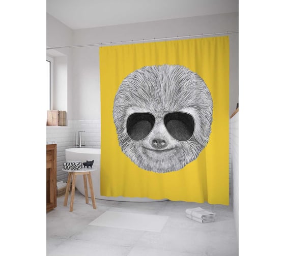 Штора (занавеска) для ванной JoyArty "Ленивец в очках" из сатена, 180х200 см с крючками, sc_37851 1