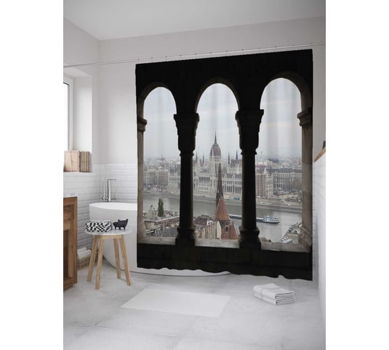 Штора (занавеска) для ванной JoyArty "Город в арках" из сатена, 180х200 см с крючками, sc_34867 1
