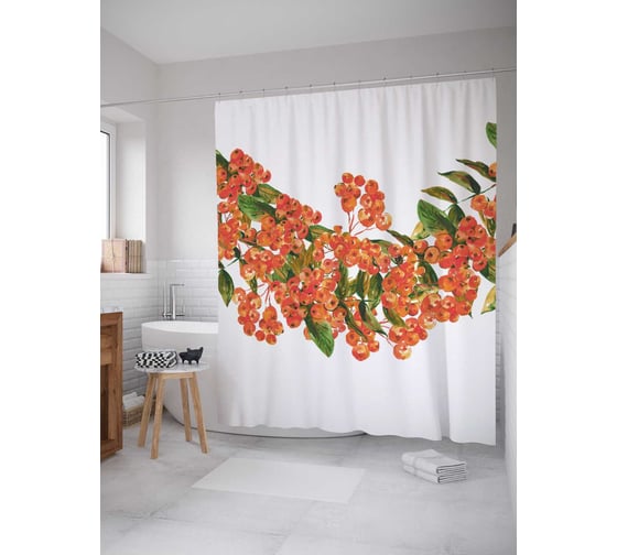 Штора (занавеска) для ванной JoyArty "Рябиновая лиана" из сатена, 180х200 см с крючками, sc_38401