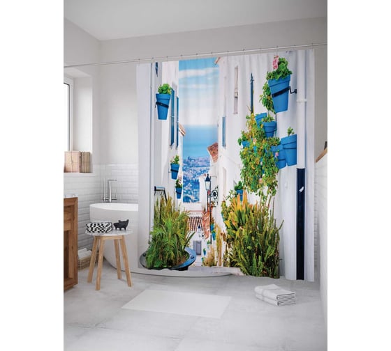 Штора (занавеска) для ванной JoyArty "Андалузские улочки" из сатена, 180х200 см с крючками, sc_4863