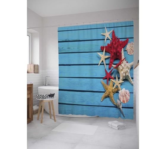 Штора (занавеска) для ванной JoyArty "Морские звезды на досках" из сатена, 180х200 см с крючками, sc_35902 1
