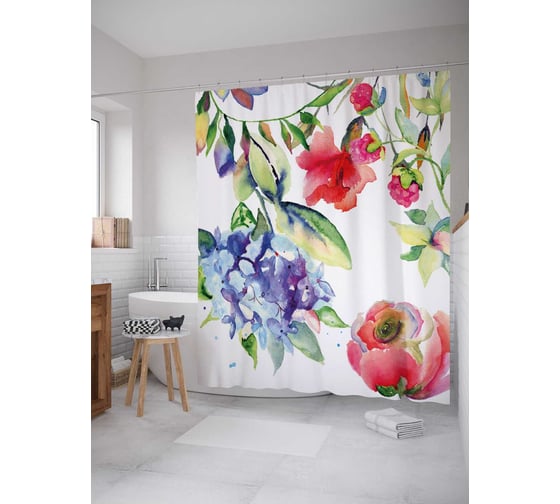 Штора (занавеска) для ванной JoyArty "Акварельные цветы" из сатена, 180х200 см с крючками, sc_38437 1