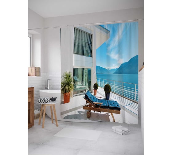 Штора (занавеска) для ванной JoyArty "Лежак у дома" из сатена, 180х200 см с крючками, sc_34969 1