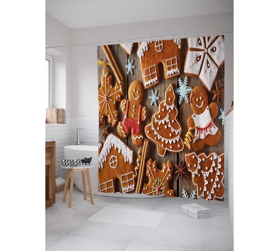 Штора (занавеска) для ванной JoyArty "Разнообразие рождественских сладостей" из сатена, 180х200 см с крючками, sc_38355 1