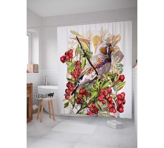 Штора (занавеска) для ванной JoyArty "Птичка на рябиновой ветке" из сатена, 180х200 см с крючками, sc_38367 1