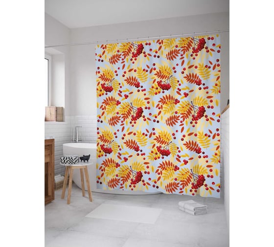 Штора (занавеска) для ванной JoyArty "Осенняя рябина" из сатена, 180х200 см с крючками, sc_38376