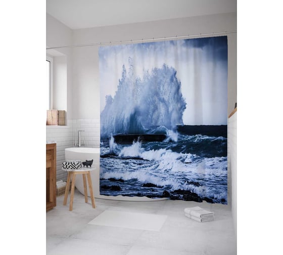 Штора (занавеска) для ванной JoyArty "Шторм в океане" из сатена, 180х200 см с крючками, sc_36946 1
