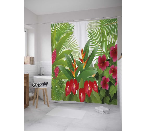 Штора (занавеска) для ванной JoyArty "Цветение джунглей" из сатена, 180х200 см с крючками, sc_36024 1