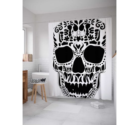 Штора (занавеска) для ванной JoyArty "Череп с узорами" из сатена, 180х200 см с крючками, sc_3829 1