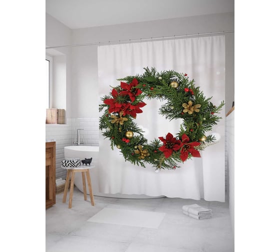 Штора (занавеска) для ванной JoyArty "Классический рождественский венок" из сатена, 180х200 см с крючками, sc_37151 1
