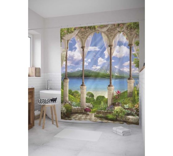 Штора (занавеска) для ванной JoyArty "Утренние лучи на террасе" из сатена, 180х200 см с крючками, sc_34900 1