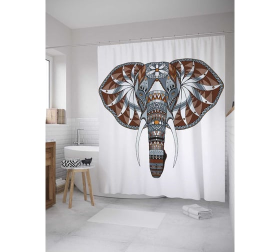 Штора (занавеска) для ванной JoyArty "Орнаментальный слон" из сатена, 180х200 см с крючками, sc_35401 1