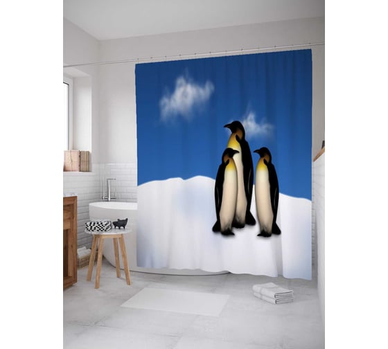 Штора (занавеска) для ванной JoyArty "Три пингвина" из сатена, 180х200 см с крючками, sc_4273 1
