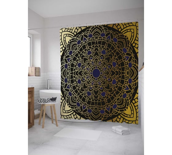 Штора (занавеска) для ванной JoyArty "Черный орнамент" из сатена, 180х200 см с крючками, sc_33846 1