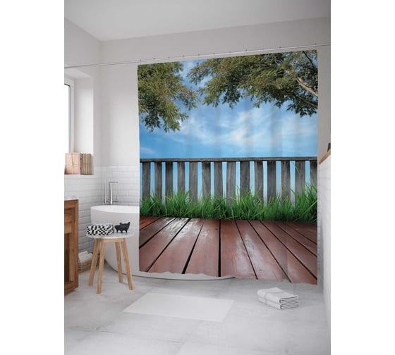 Штора (занавеска) для ванной JoyArty "Деревянная терраса" из сатена, 180х200 см с крючками, sc_34963 1