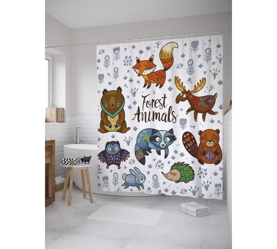 Штора (занавеска) для ванной JoyArty "Лесные зверюшки" из сатена, 180х200 см с крючками, sc_35751 1