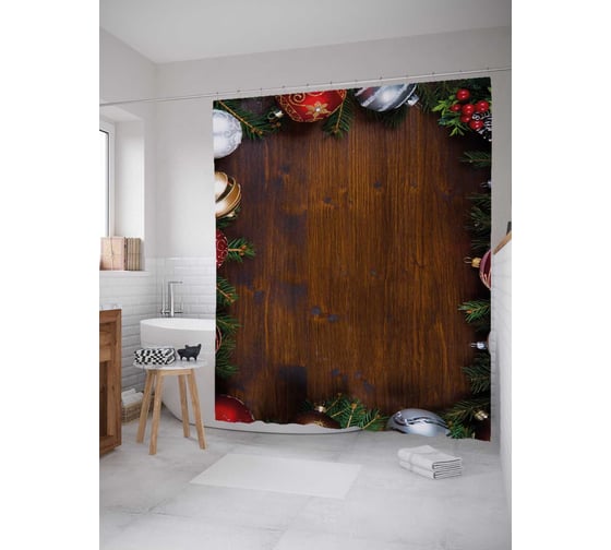 Штора (занавеска) для ванной JoyArty "Обрамление новогодними игрушками" из сатена, 180х200 см с крючками, sc_37053 1