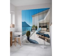 Штора (занавеска) для ванной JoyArty "Дом у моря" из сатена, 180х200 см с крючками, sc_34933