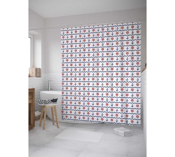 Штора (занавеска) для ванной JoyArty "Корабельный штурвал" из сатена, 180х200 см с крючками, sc_31854 1