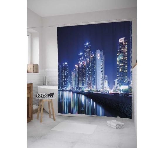 Штора (занавеска) для ванной JoyArty "Огни на Гудзоне" из сатена, 180х200 см с крючками, sc_32315 1