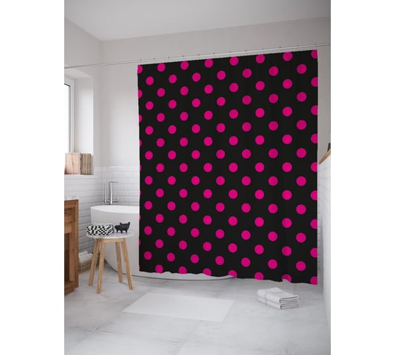 Штора (занавеска) для ванной JoyArty "Яркий горошек на темном" из сатена, 180х200 см с крючками, sc_38986 1
