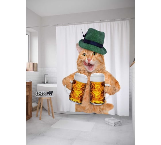 Штора (занавеска) для ванной JoyArty "Пивной кот" из сатена, 180х200 см с крючками, sc_37378 1