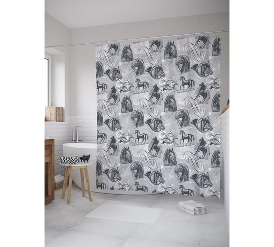 Штора (занавеска) для ванной JoyArty "Лошадка и охотничий горн" из сатена, 180х200 см с крючками, sc_52431