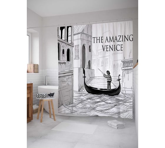 Штора (занавеска) для ванной JoyArty "Чудесная Венеция" из сатена, 180х200 см с крючками, sc_37901
