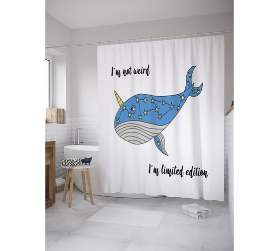 Штора (занавеска) для ванной JoyArty "Я не странный, я эксклюзивный" из сатена, 180х200 см с крючками, sc_55197 1