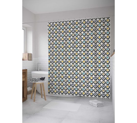 Штора (занавеска) для ванной JoyArty "Круглые диски" из сатена, 180х200 см с крючками, sc_31800 1