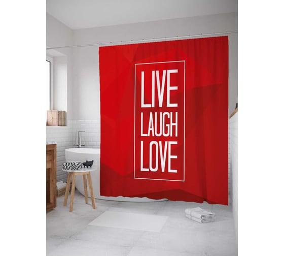Штора (занавеска) для ванной JoyArty "Live.Laugh.Love" из сатена, 180х200 см с крючками, sc_53840 1