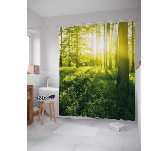 Штора (занавеска) для ванной JoyArty "Лес в лучах солнца" из сатена, 180х200 см с крючками, sc_37361 1