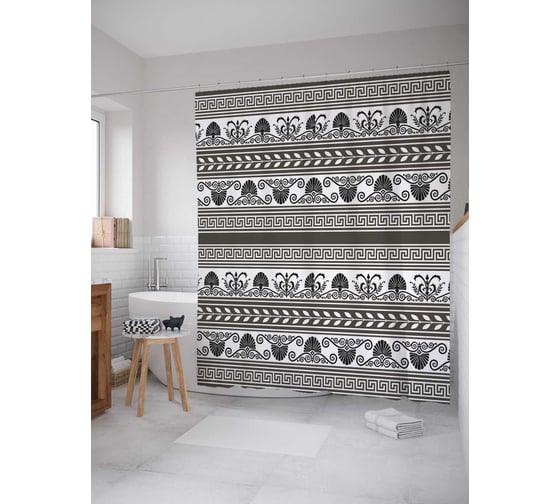 Штора (занавеска) для ванной JoyArty "Монохромный этнос" из сатена, 180х200 см с крючками, sc_32645