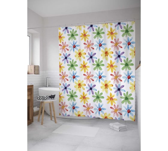 Штора (занавеска) для ванной JoyArty "Разноцветные ромашки" из сатена, 180х200 см с крючками, sc_32317 1