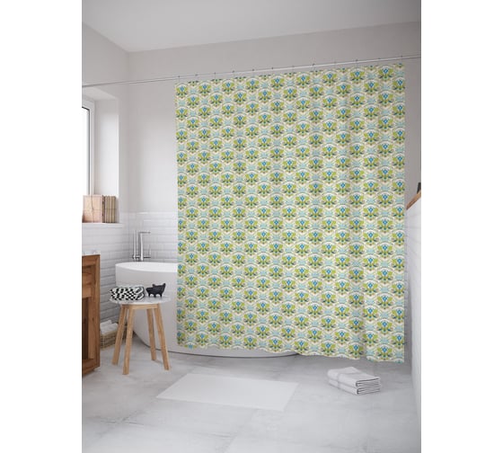 Штора (занавеска) для ванной JoyArty "Лилии икат" из сатена, 180х200 см с крючками, sc_54505 1